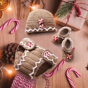 Crochet Gingerbread Baby Outfit Handmade Finished Set Hat Booties Diaper Cover